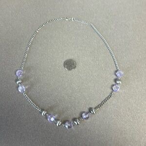 Costume necklace purple faceted plastic beads and silver  metal ribbed beads